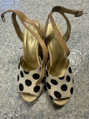 Seychelles Tan and Black Polka Dot Peep-Toe Wedge Sandals